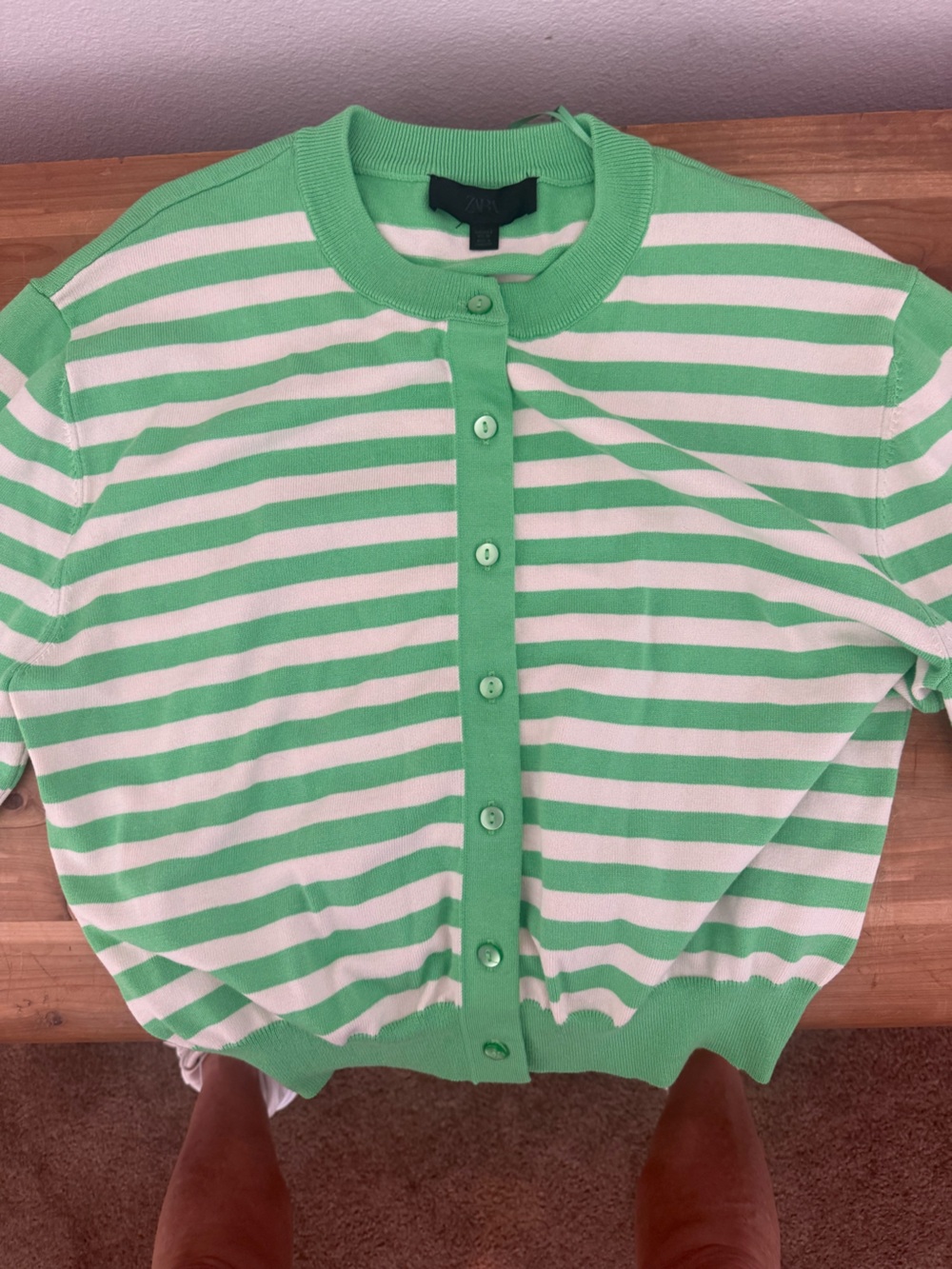Zara Green White Striped Knit Button Cardigan Sweater Crew Neck Long Sleeve S
